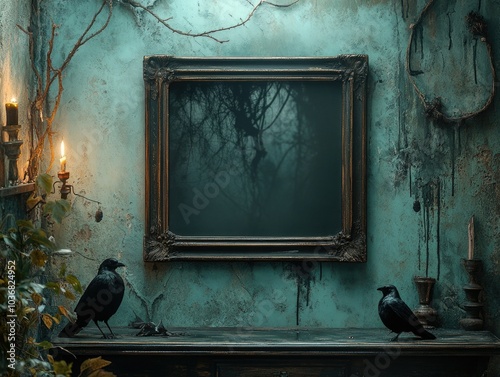 Gothic mirror mockup in eerie setting with ravens