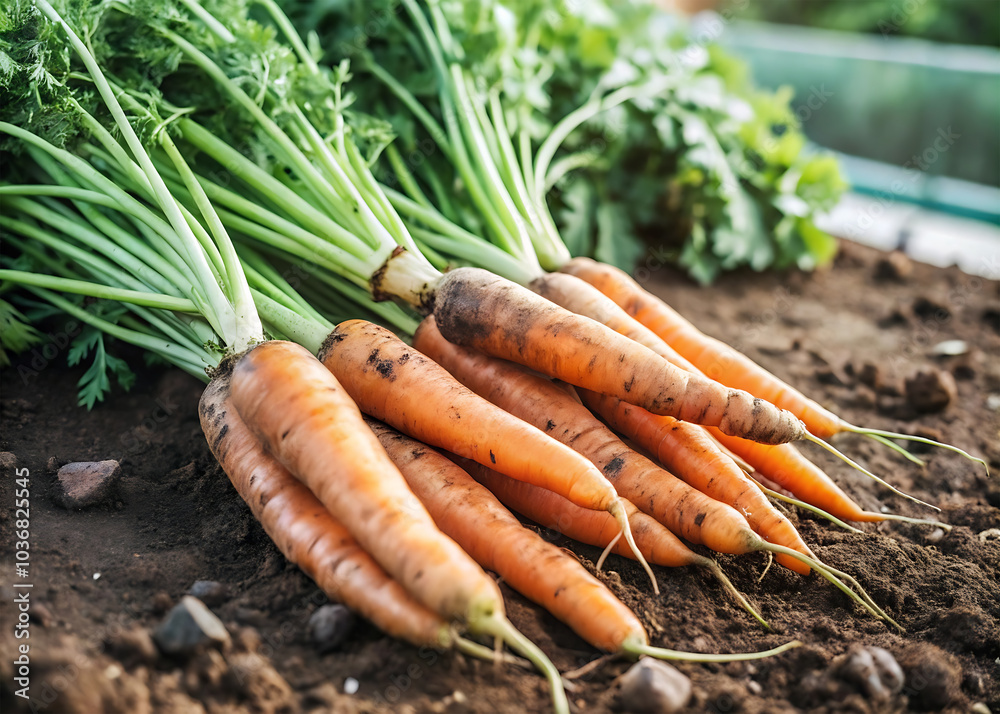 Farm-Fresh Goodness: A Bunch of Carrots Displayed on the Ground and Table. Farm-Fresh Goodness: A Bunch of Carrots Displayed on the Ground and Table.