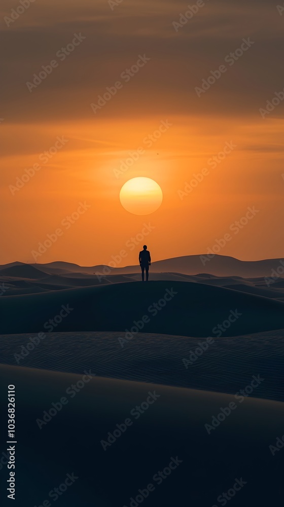 Solitary Silhouette Exploring Vast Desert Landscape at Sunset Solitary Silhouette Exploring Vast Desert Landscape at Sunset