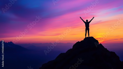 Silhouetted Triumphant Figure Atop Mountain at Colorful Sunrise