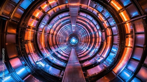 Futuristic cylindrical structure with vibrant lighting.