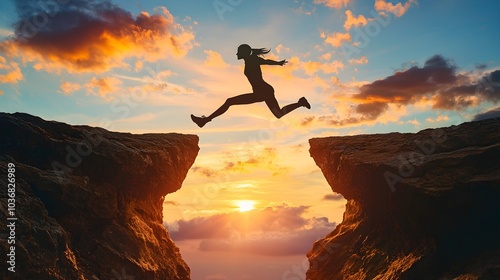 Silhouetted Person Leaping Across Cliff Gap at Vibrant Sunset