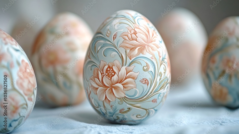Closeup of Easter eggs complex floral designs including swirling vines and blooming petals The patterns are highlighted on eggs with muted tones set on a pale blue surface for a minimal look