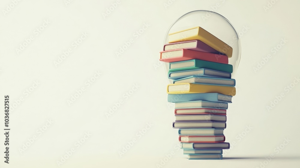 This engaging 3D illustration features a colorful stack of books designed to mimic a light bulb. This engaging 3D illustration features a colorful stack of books designed to mimic a light bulb.