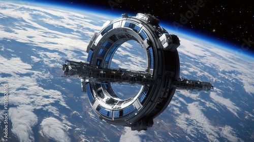 Fototapeta Naklejka Na Ścianę i Meble -  This futuristic space station, suspended in orbit, offers unparalleled views of Earth and is designed for sustainable living in outer space