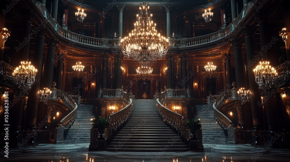Obraz premium Grand staircase in an opulent hall with chandeliers.