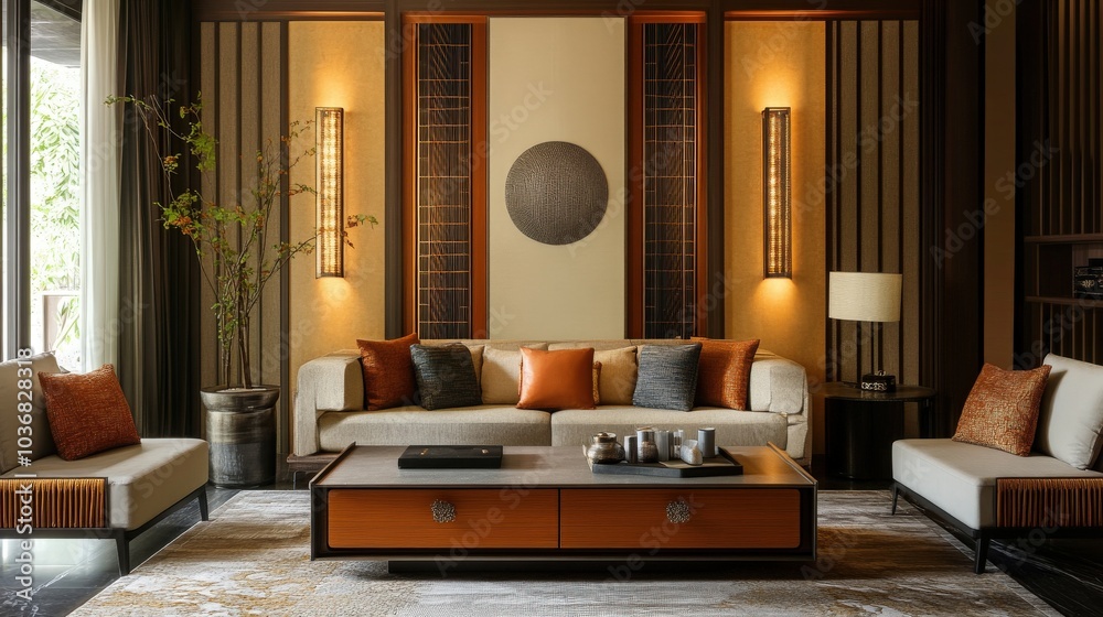 Fototapeta premium This home living room showcases a functional drawer, adorned with decorative pieces on the mockup wall, creating a warm and welcoming environment