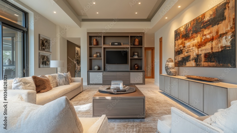 Fototapeta premium This home living room showcases a functional drawer, adorned with decorative pieces on the mockup wall, creating a warm and welcoming environment