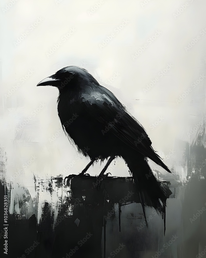 Fototapeta premium A striking silhouette of a raven perched on a branch, showcasing bold, abstract brush strokes in dark hues against a soft, muted background.
