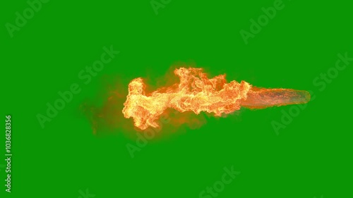 Rocket propulsion thruster exhaust with fire, smoke and heat, two speeds, 30p, with green screen for transparent background