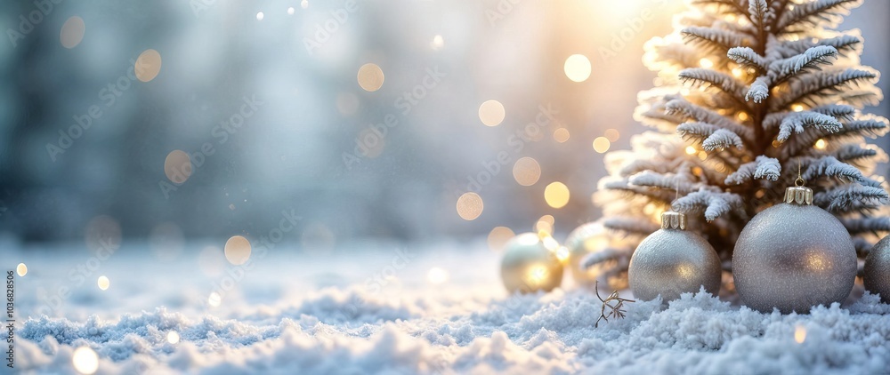 Festive celebrate christmas eve background concept. Banner of xmas decorate ball and snow flake, christmas tree, white colour scheme mock up template seasonal design Festive celebrate christmas eve background concept. Banner of xmas decorate ball and snow flake, christmas tree, white colour scheme mock up template seasonal design