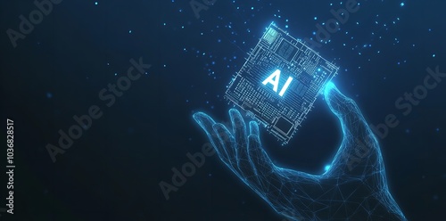 Abstract Hand Holding a Microchip with an AI Icon on a Blue Background