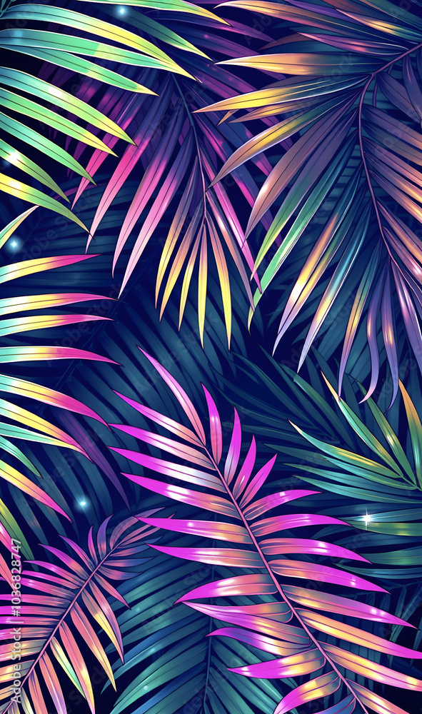 Tropical and palm leaves in neon holographic gradient shades. Summer party, travel, vacation, holiday. Retro stylish background with text space for banner, poster or invitation. Tropical and palm leaves in neon holographic gradient shades. Summer party, travel, vacation, holiday. Retro stylish background with text space for banner, poster or invitation.