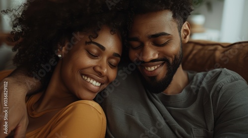 Joyful mixed-race couple enjoying a cozy moment together at home, smiling and embracing in their living space