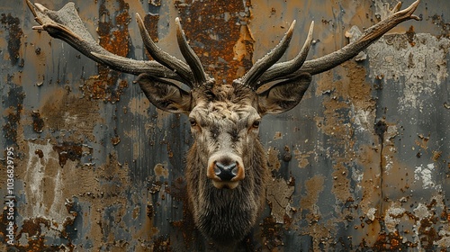 Rustic Deer Head on Rusty Metal Wall