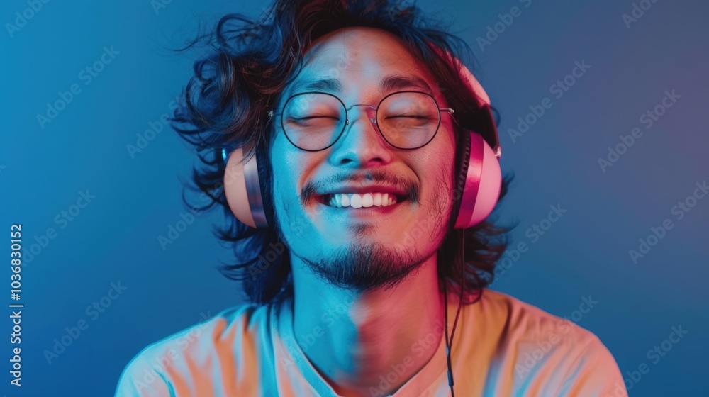 Person enjoying music with headphones in a studio, relaxed and smiling while listening to a podcast or radio on a smartphone against a blue background Person enjoying music with headphones in a studio, relaxed and smiling while listening to a podcast or radio on a smartphone against a blue background