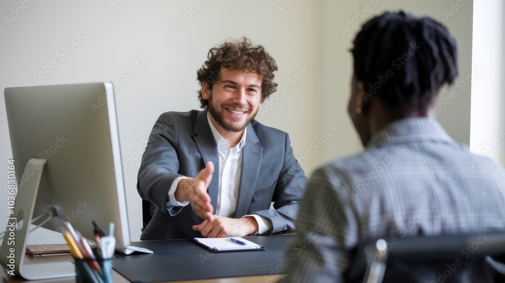 Two professionals engaging in a handshake at a modern office setting. Two professionals engaging in a handshake at a modern office setting.