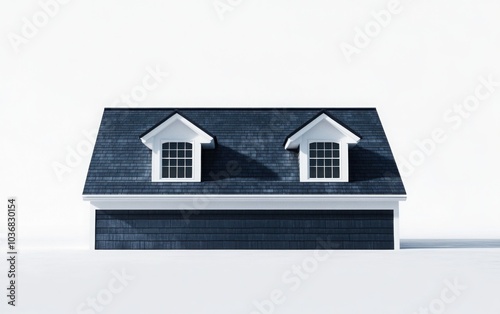 A minimalist depiction of a dark blue sloped roof with two white dormer windows, set against a stark white backdrop to highlight the contrast and details 