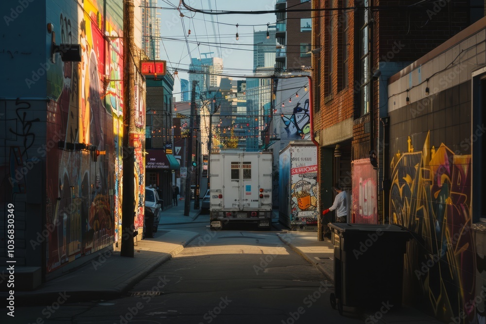 Fototapeta premium Morning City Street Photography with Early Risers, Delivery Trucks, and Golden Sunlight in a Calm Urban Scene