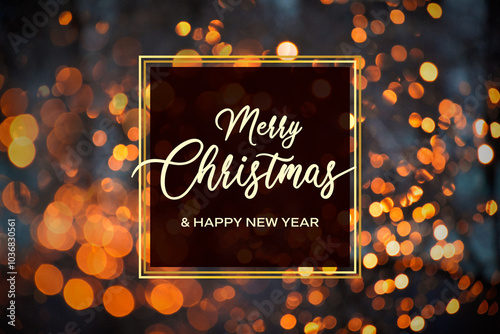 Merry Christmas and Happy New Year greeting card with golden bokeh lights frame stock images. Merry Christmas background with night defocused lights images. Template for background, banner, card
