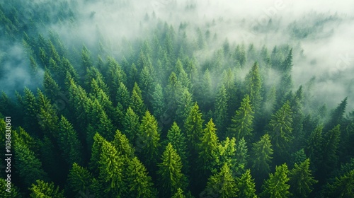 Aerial view of a misty forest with tall evergreen trees. (1)
