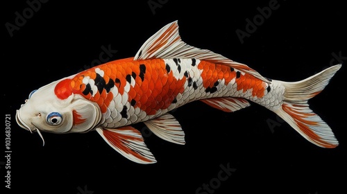 A detailed illustration of a colorful koi fish against a black background.