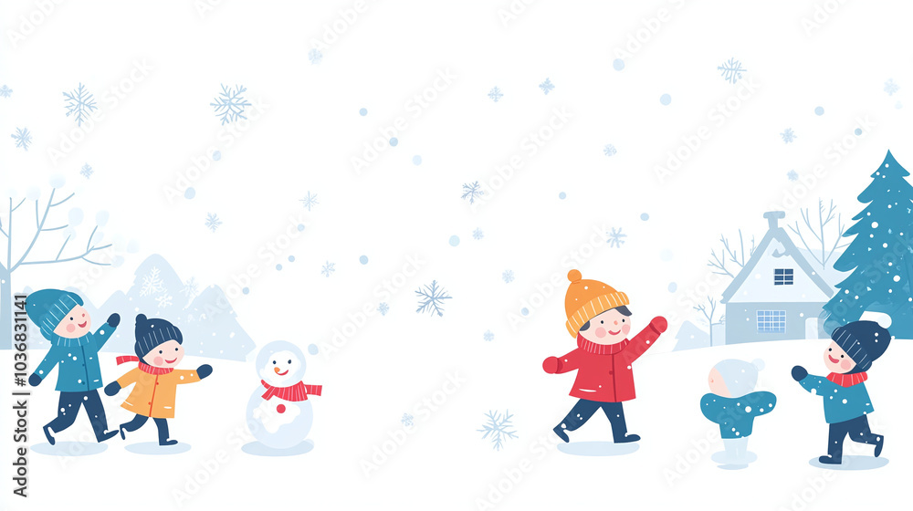 winter scene of kids playing outside in the snow. 