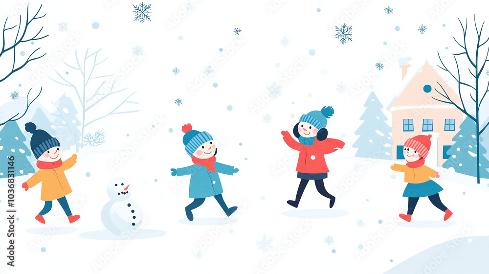 winter scene of kids playing outside in the snow. winter scene of kids playing outside in the snow.