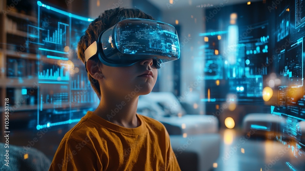 A young boy wearing VR goggles, exploring a virtual world while standing in a modern living room, with futuristic holographic elements visible around him A young boy wearing VR goggles, exploring a virtual world while standing in a modern living room, with futuristic holographic elements visible around him