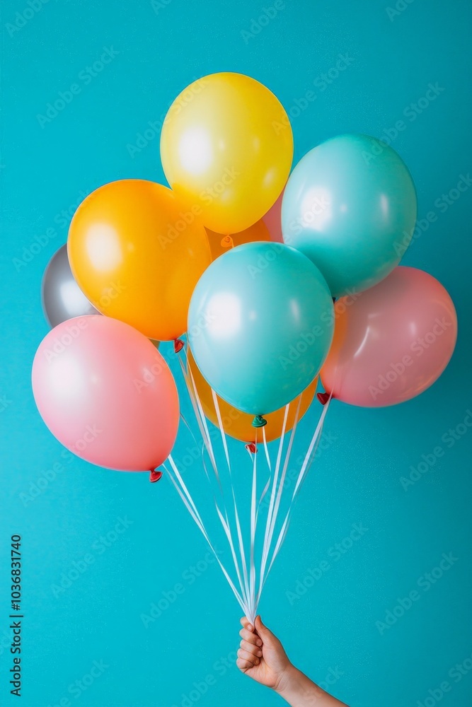 An image of happy children on the side holding colorful balloons with solid colorfull background
