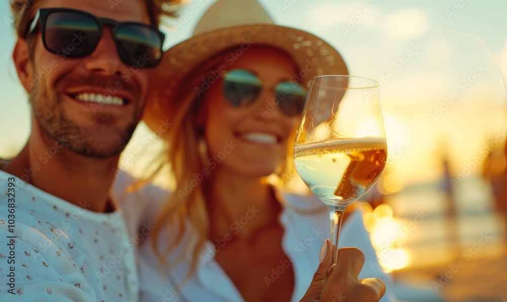 A couple smiles brightly while holding glasses of white wine on a sandy beach as the sun sets, creating a warm and tranquil ambiance around them. A couple smiles brightly while holding glasses of white wine on a sandy beach as the sun sets, creating a warm and tranquil ambiance around them.