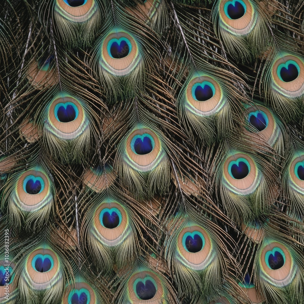 Fototapeta premium Close-up of a vibrant peacock feather pattern showcasing intricate eye-like designs in greens and blues.