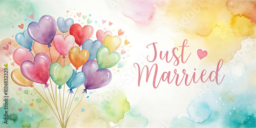 Whimsical Just Married Heart Balloon Watercolor Design photo