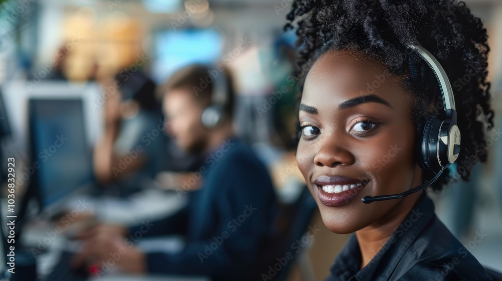 Cheerful woman in a customer service environment, communicating and providing support via microphone in a telecom call center Cheerful woman in a customer service environment, communicating and providing support via microphone in a telecom call center
