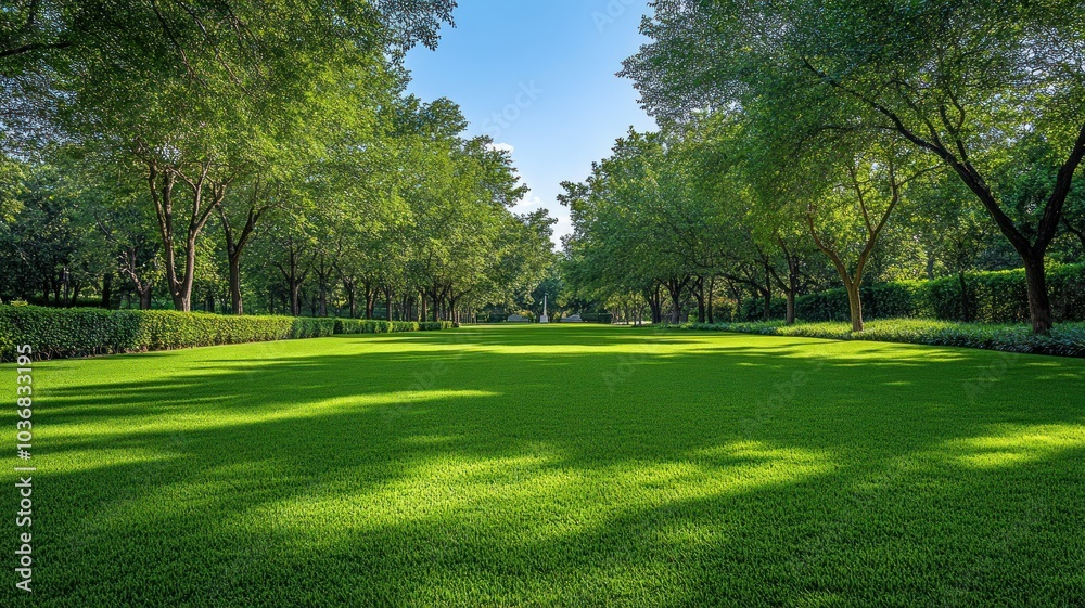 Lush green park with trees and open lawn space. Lush green park with trees and open lawn space.