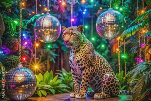 Fototapeta Naklejka Na Ścianę i Meble -  Vibrant urban leopard statue surrounded by lush greenery and vines, posing with a shimmering mirror ball under colorful string lights at a jungle party setup.