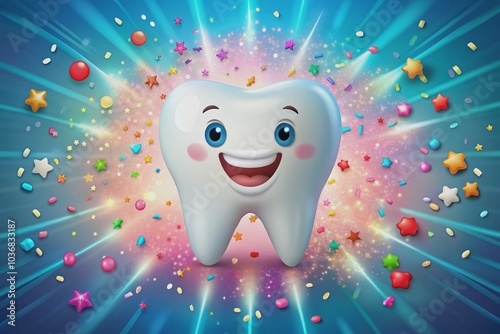 A bright and colorful illustration of a smiling tooth with shiny white enamel and healthy pink gums, surrounded by sparkling stars and confetti decorations. photo