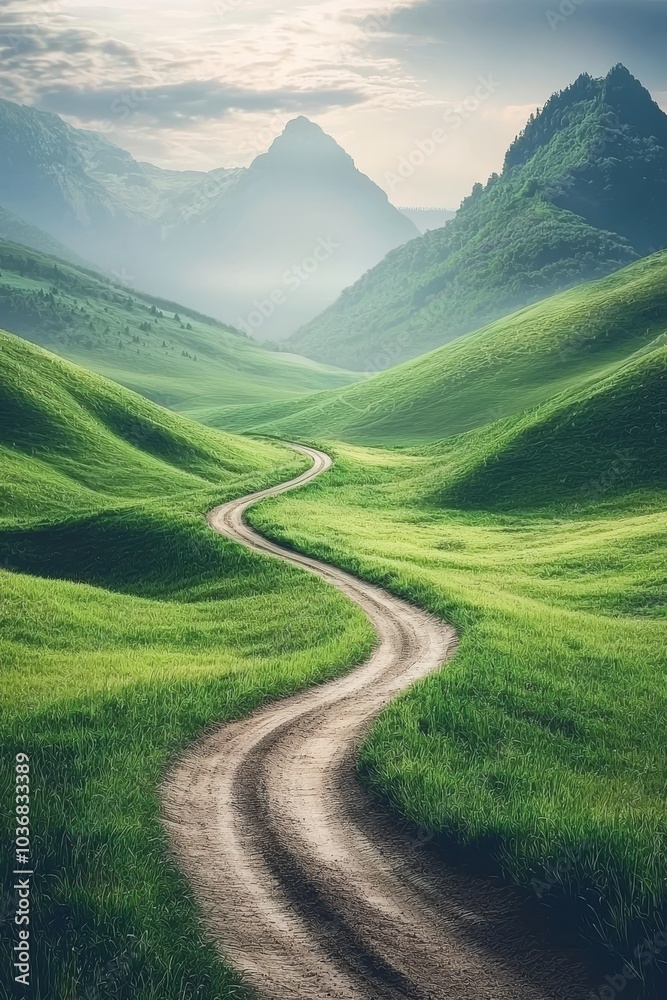 A winding path through lush green hills under a misty sky, capturing the serene beauty of nature. A winding path through lush green hills under a misty sky, capturing the serene beauty of nature.