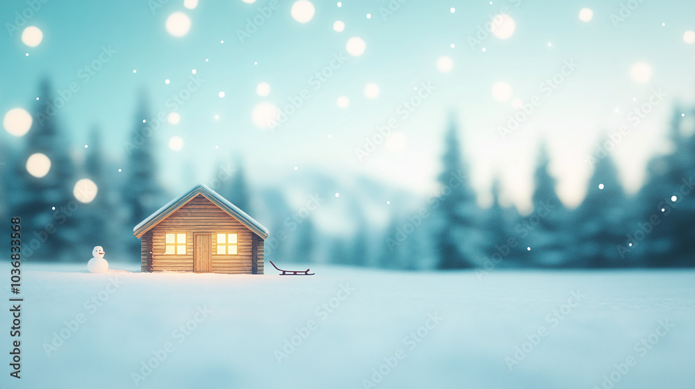 Fototapeta premium Winter vacation illustration of a bustling ski resort set against snowy forest.