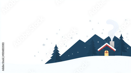 Winter vacation illustration of a bustling ski resort set against majestic snow-capped mountains. 