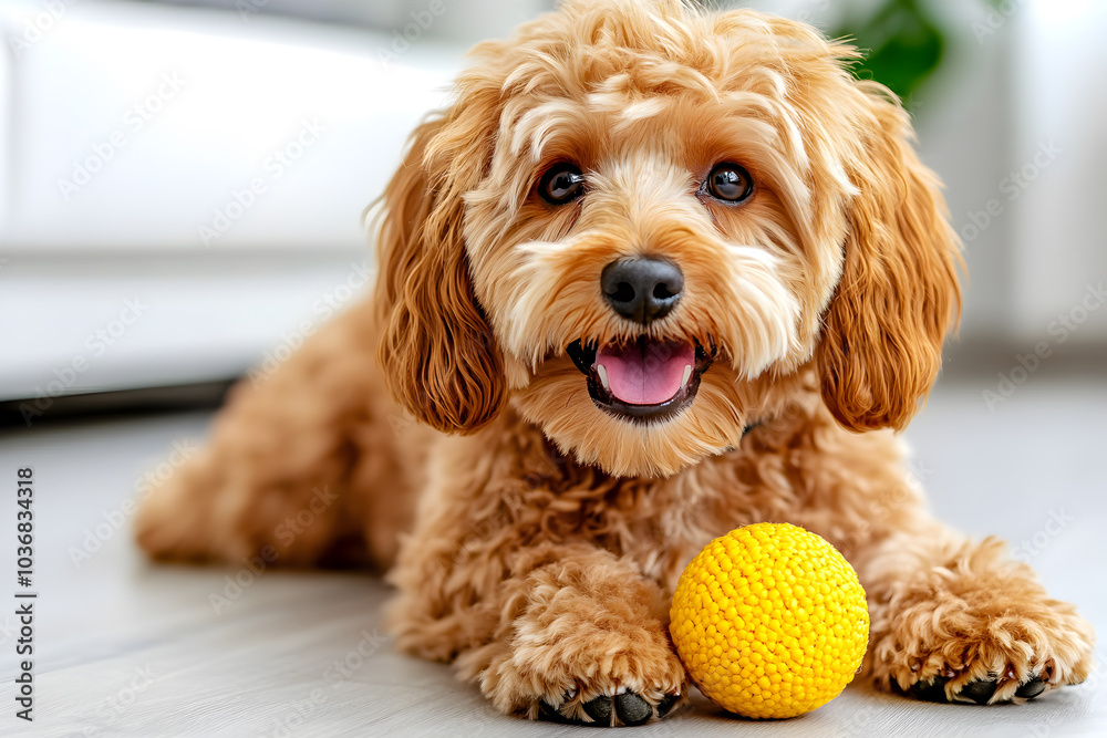 A cheerful Maltipoo dog plays with a yellow ball, filling the home with lively playfulness. Copy space. A cheerful Maltipoo dog plays with a yellow ball, filling the home with lively playfulness. Copy space.