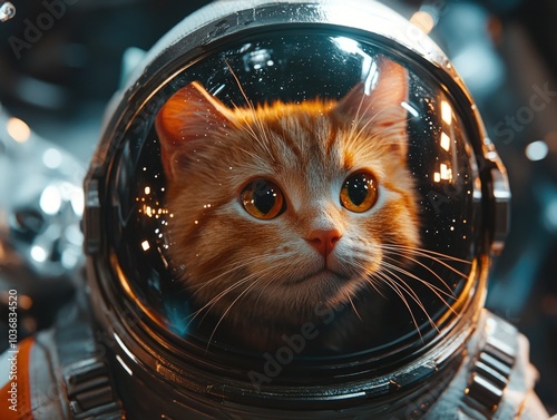 Adorable orange tabby kitten in an astronaut helmet floating in space, visor reflecting stars. A whimsical blend of space exploration and cute, wide-eyed curiosity.
