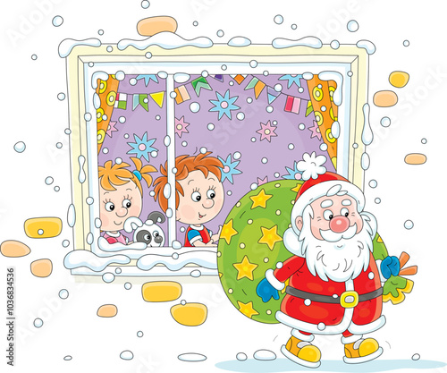 Funny little girl and boy watching furtively through a window of their decorated nursery room at Santa Claus going with his magical bag of Christmas gifts, vector cartoon illustration on white