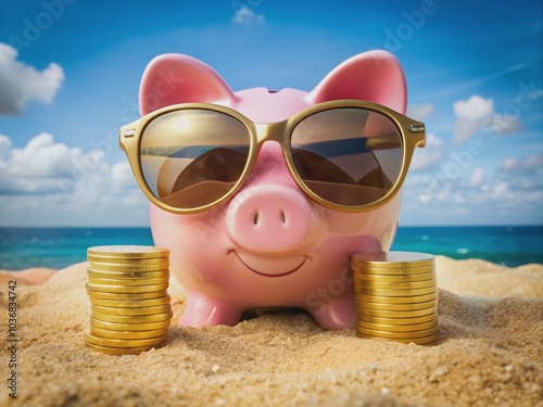 sunglasses and a pink piggy bank lounging on a summer beach next to gold coins, savings for a trip, money saved for holidays, investment success, wealth in banks, income, and financial profit.