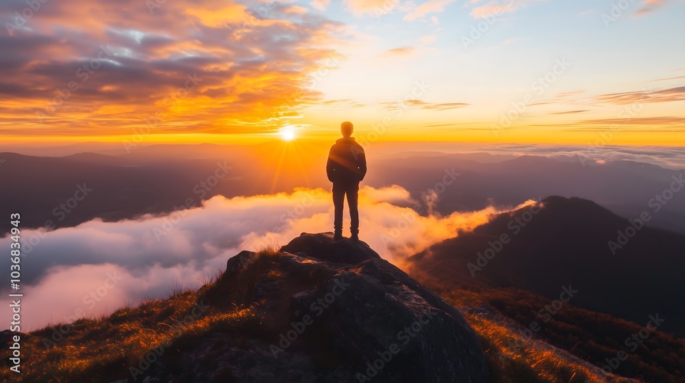 Hiker Watching a Glorious Sunrise from a Mountain Peak_7 Hiker Watching a Glorious Sunrise from a Mountain Peak_7