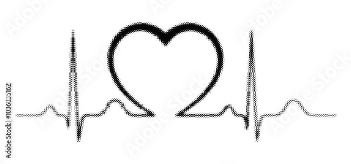 Halftone-dotted heartbeat pulse, rhythm, Electrocardiogram, ECG, and EKG signal line pattern with a heart in the middle isolated on a white background. Retro noisy grain vector illustration