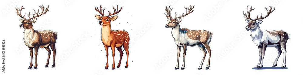 Obraz premium Cute and colorful reindeer illustrations showcasing different fur patterns and colors. These charming characters embody festive spirit of Christmas and winter celebrations