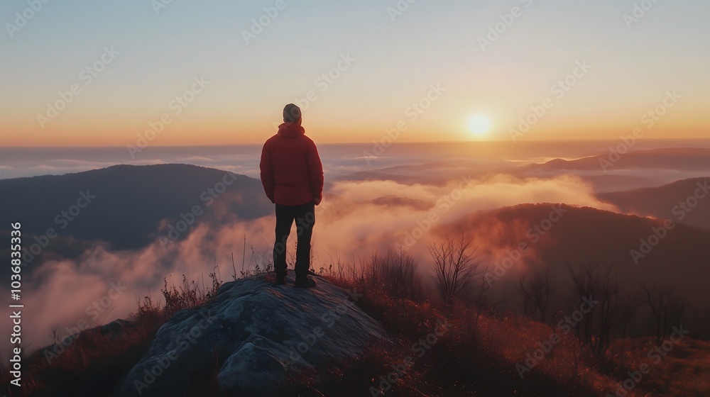 Hiker Watching a Glorious Sunrise from a Mountain Peak_1 Hiker Watching a Glorious Sunrise from a Mountain Peak_1