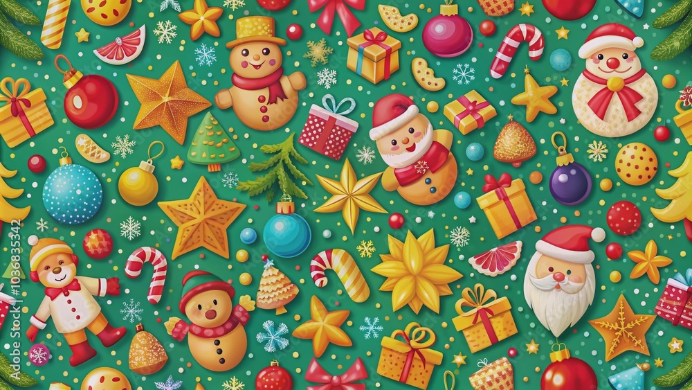 ColorfulChristmas wrapping paper with scattered toys and joyful festive elements forms a seamless pattern, evoking a playful and magical holiday atmosphere in this vibrant still life. ColorfulChristmas wrapping paper with scattered toys and joyful festive elements forms a seamless pattern, evoking a playful and magical holiday atmosphere in this vibrant still life.