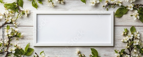 White frame mockup with blooming flowers on white wooden background.